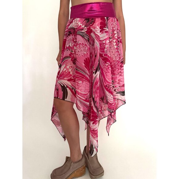 y2k pink fairy whimsy grunge dance sheer flowy chiffon asymmetric hem midi skirt - Picture 1 of 9